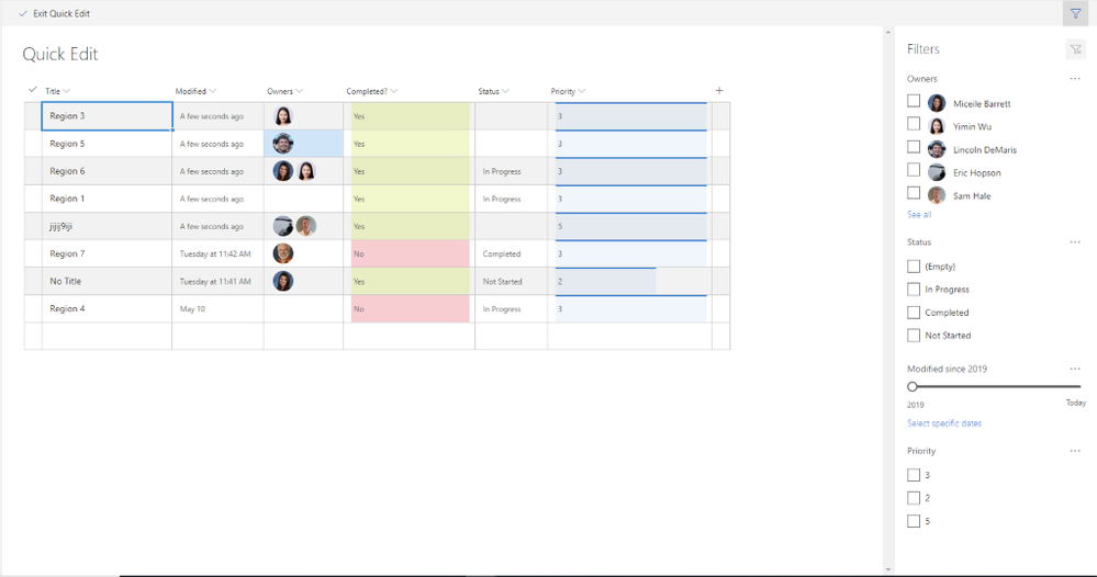 SharePoint Quick Edit Filters SharePoint list showing quick edit filters